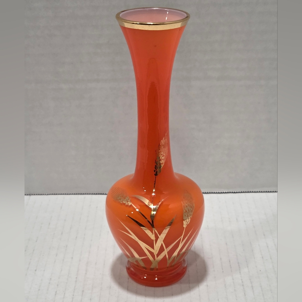 Vintage Orange Glass Bud Vase Gold Wheat Design